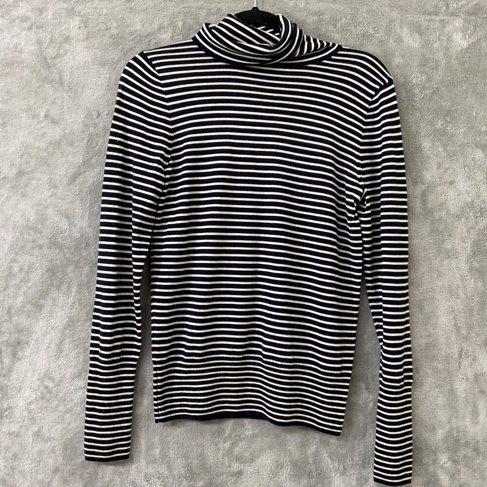 J CREW Turtleneck Sweater 100% Merino Wool women’s size S Navy Stripe